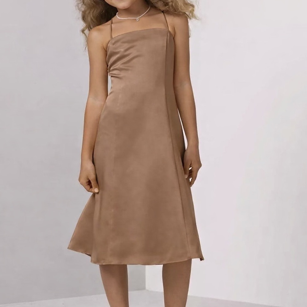 David's Bridal Satin Latte Girl’s Dress Spaghetti Straps Stretch Zipper Size 14